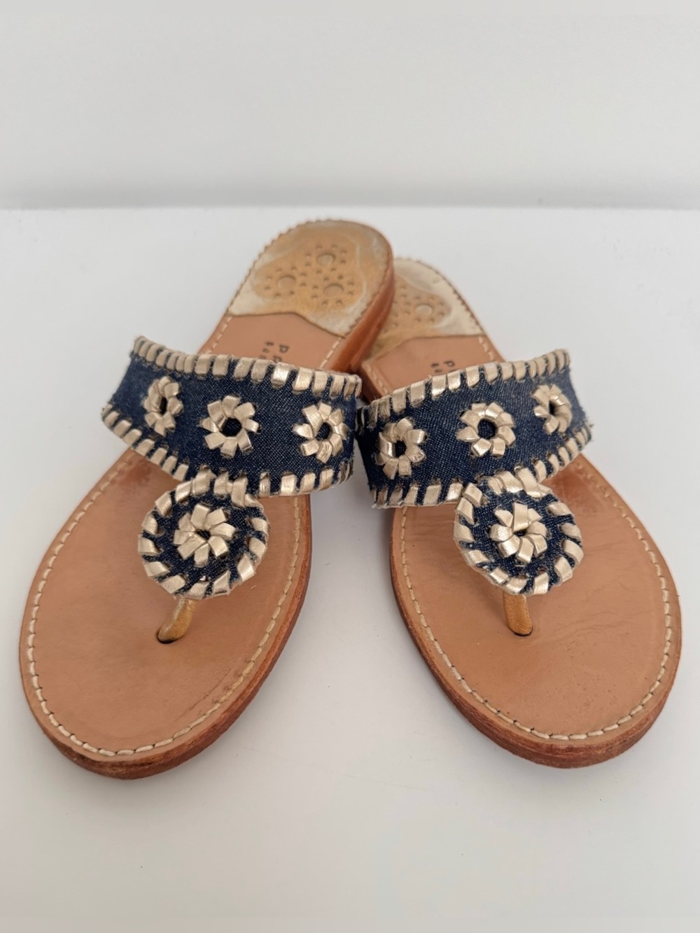 Stephen Bonanno Denim and Gold Palm Beach Leather Sandals, Size 8